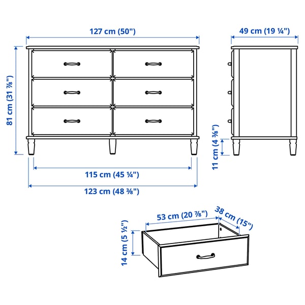 TYSSEDAL chest of 6 drawers, white, 127x81 cm