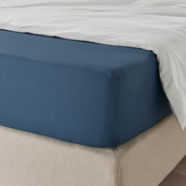 ULLVIDE fitted sheet, dark blue, 140x200 cm