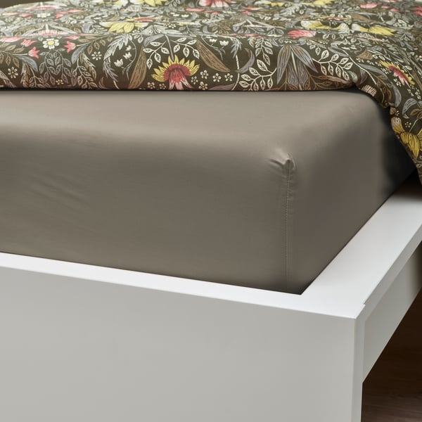 ULLVIDE fitted sheet, grey-beige, 160x200 cm