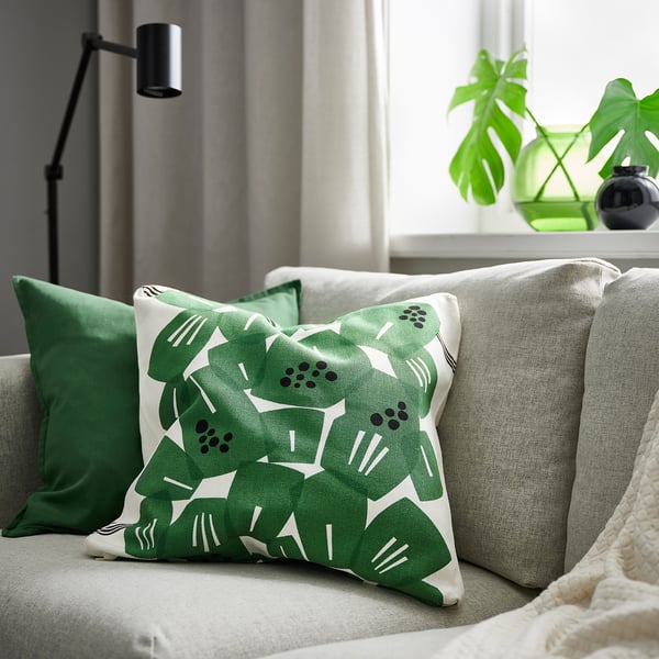 UNDERBLOMMA cushion cover, white/green, 50x50 cm