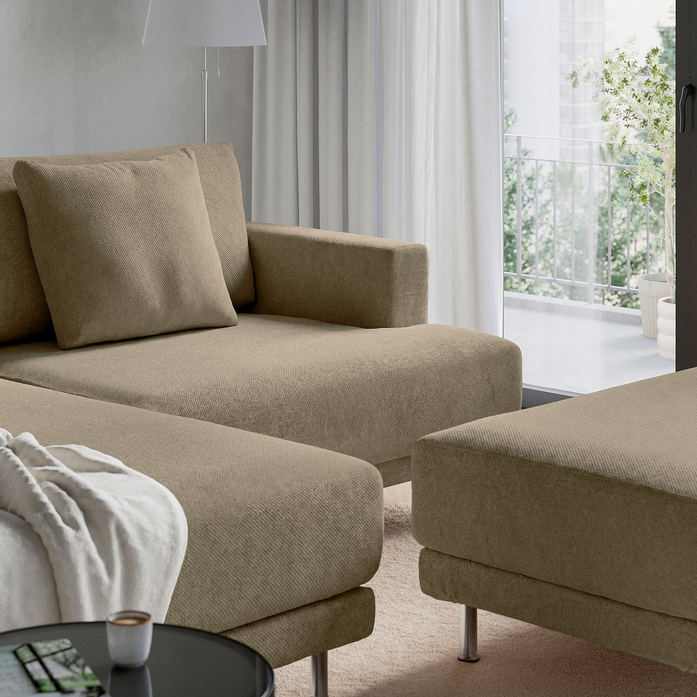 UPPÅKRA 3-seat modular sofa, with chaise longue, left with footstool/Johanneshov brown-beige, 254x95x180 cm
