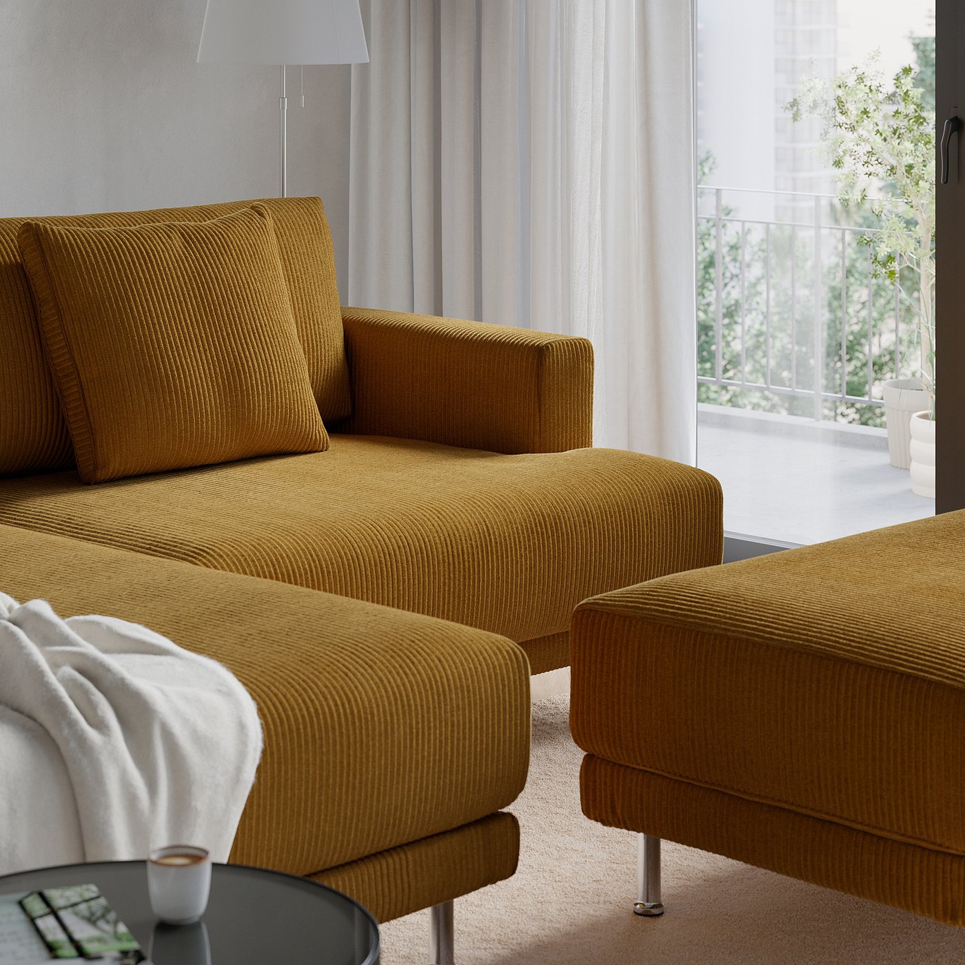 UPPÅKRA 3-seat modular sofa, with chaise longue, left with footstool/Samsala yellow-brown, 254x95x180 cm