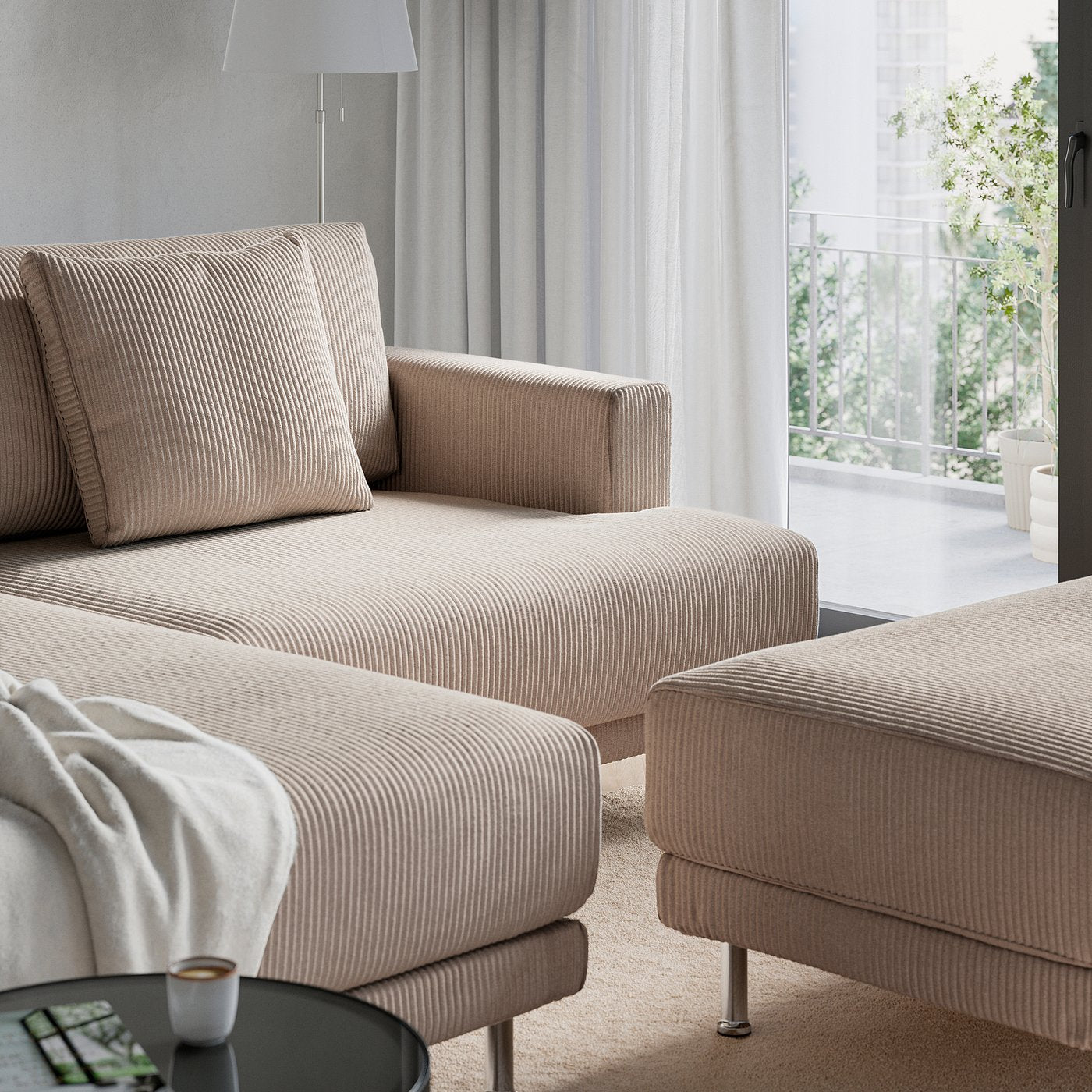 UPPÅKRA 3-seat modular sofa, with chaise longue, left with footstool/Samsala grey-beige, 254x95x180 cm