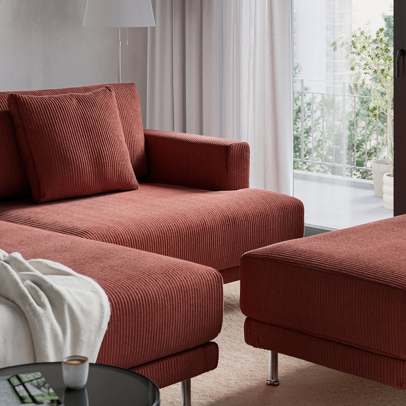 UPPÅKRA 3-seat modular sofa, with chaise longue, left with footstool/Samsala brown-red, 254x95x180 cm