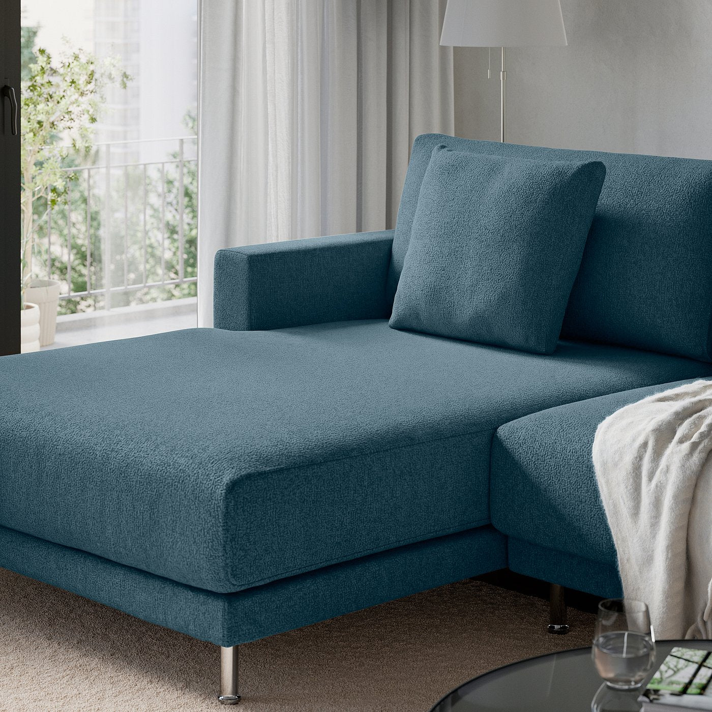 UPPÅKRA u-shaped sofa, 4,5-seat, with chaise longue, left/Axvall dark grey-blue, 342 cm