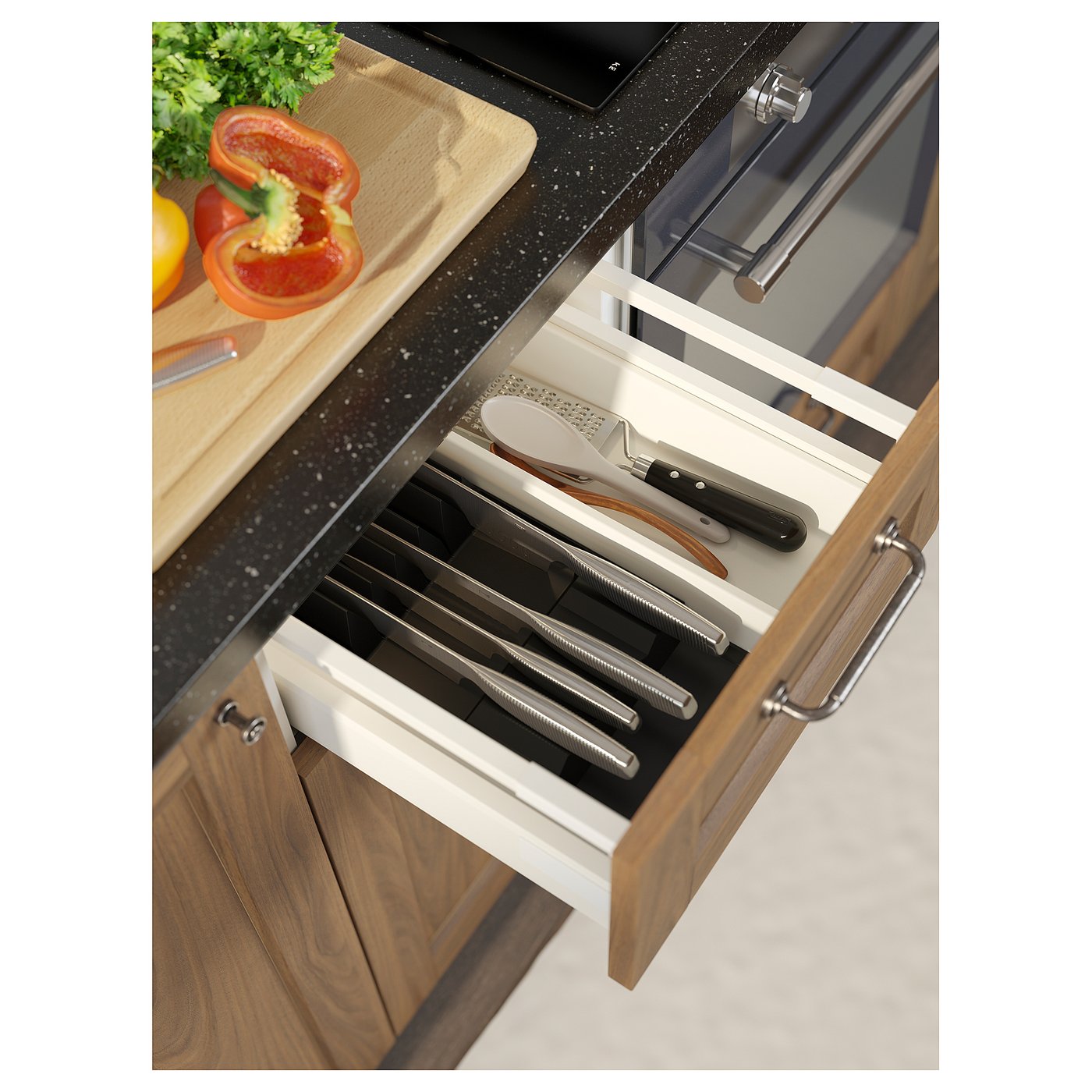 UPPDATERA tray with knife rack, light bamboo/anthracite, 20x50 cm