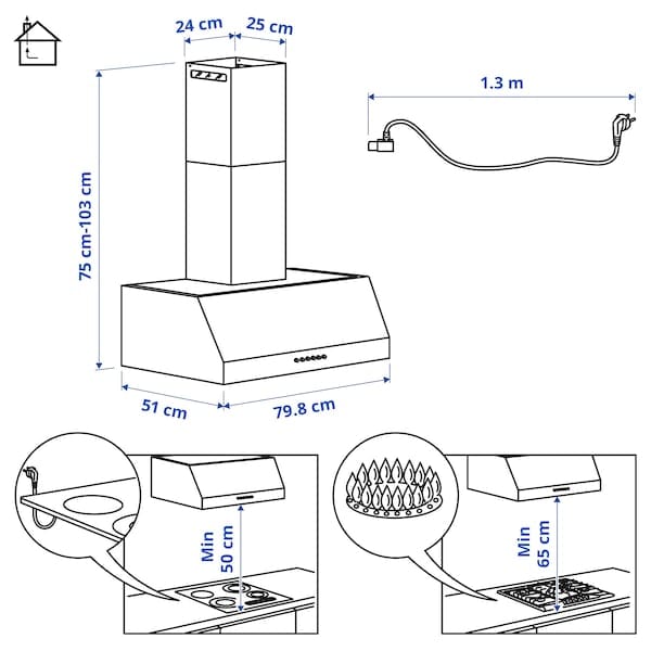 Ikea UPPFRISKANDE Hood to be fixed to the wall - stainless steel colour 80 cm , 80 cm