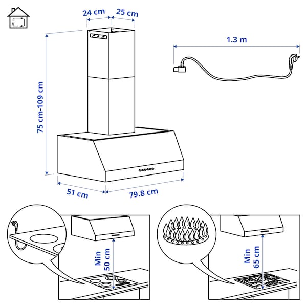 Ikea UPPFRISKANDE Hood to be fixed to the wall - stainless steel colour 80 cm , 80 cm