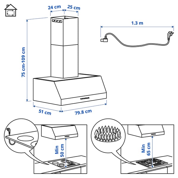 UPPFRISKANDE wall mounted extractor hood, stainless steel colour, 80 cm