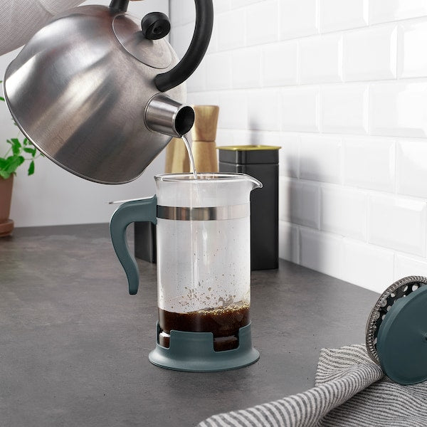 UPPHETTA - Coffee/tea maker, glass/stainless steel dark grey-turquoise, 1 l