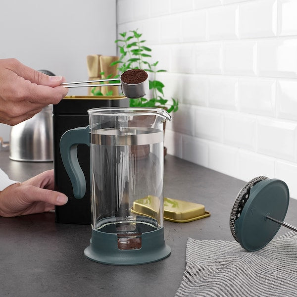 UPPHETTA - Coffee/tea maker, glass/stainless steel dark grey-turquoise, 1 l