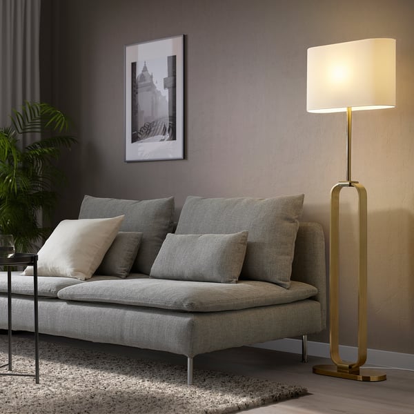 UPPVIND floor lamp, brass-plated/white, 150 cm
