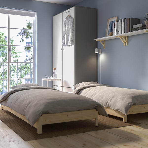 UTÅKER - Stackable bed with 2 mattresses, pine/Åfjäll semi-rigid, , 80x200 cm