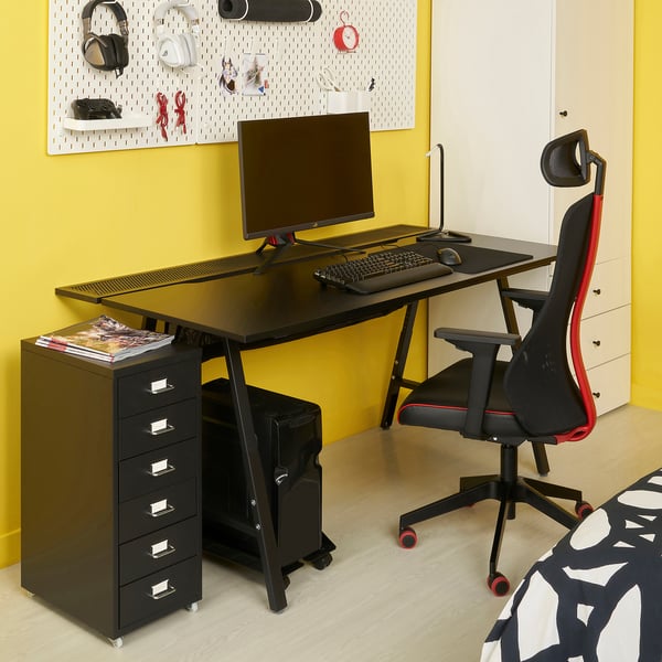 UTESPELARE / MATCHSPEL gaming desk, chair and drawer unit, black, 54 cm