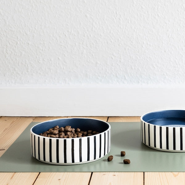 UTSÅDD - Pet bowl, blue-black/dark blue striped pattern,15 cm