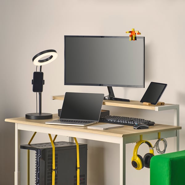 UTVISNING gaming desk with shelf, ash effect/white, 120x60 cm