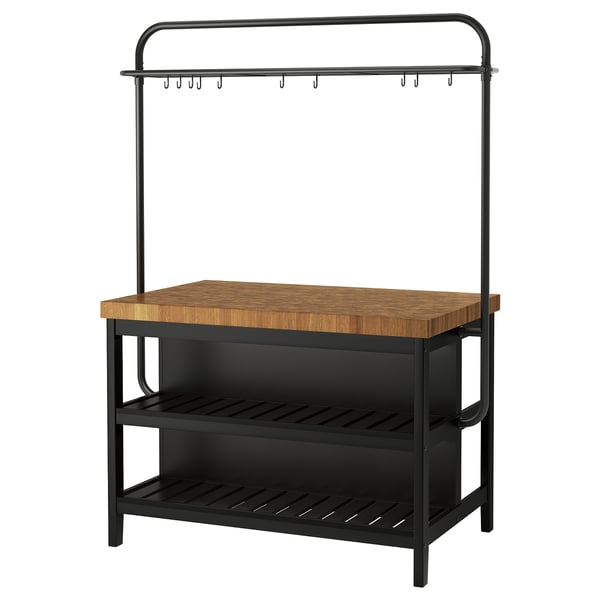 VADHOLMA kitchen island with rack, black/oak, 126x79x193 cm