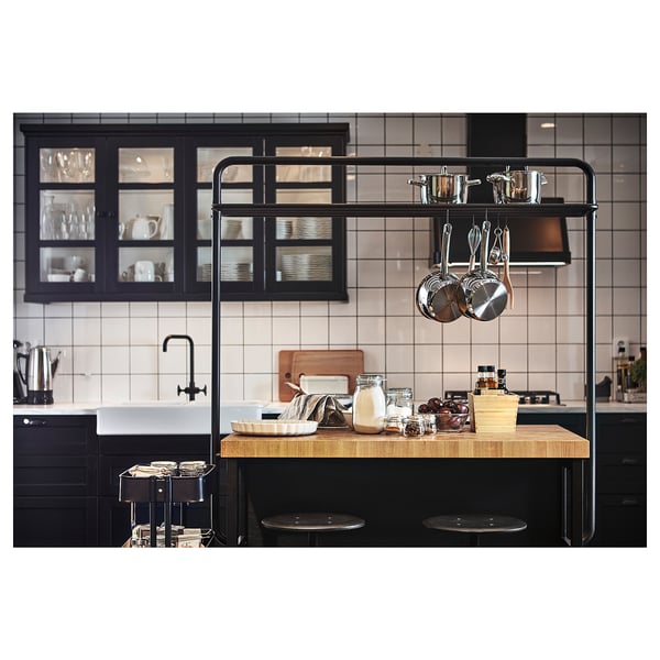VADHOLMA kitchen island with rack, black/oak, 126x79x193 cm