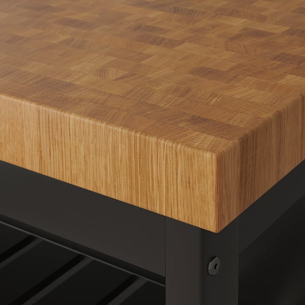 VADHOLMA kitchen island with rack, black/oak, 126x79x193 cm