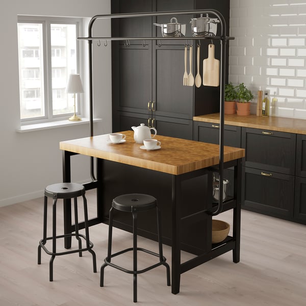 VADHOLMA kitchen island with rack, black/oak, 126x79x193 cm
