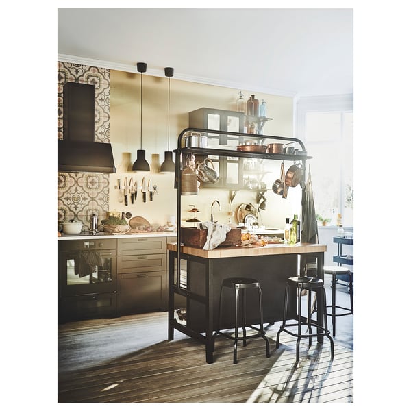 VADHOLMA kitchen island, black/oak, 126x79x90 cm
