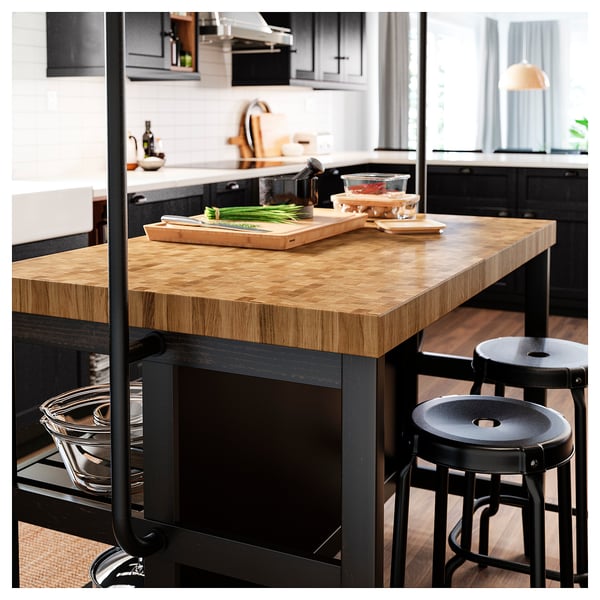 VADHOLMA kitchen island, black/oak, 126x79x90 cm