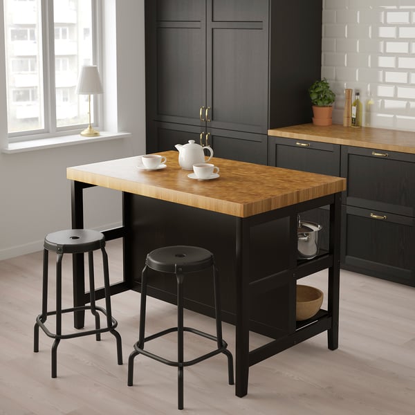 VADHOLMA kitchen island, black/oak, 126x79x90 cm