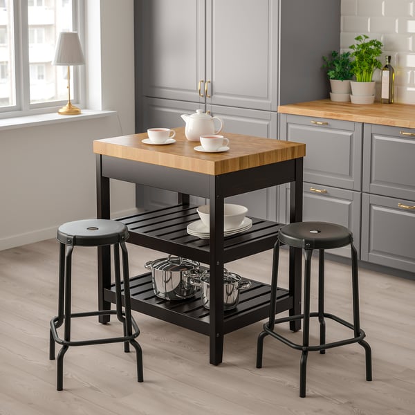 VADHOLMA kitchen island, black/oak, 79x63x90 cm