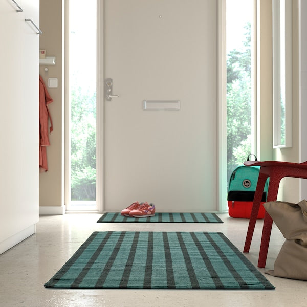 VÄGSKYLT - Rug, flatwoven, blue-green/black, 80x150 cm