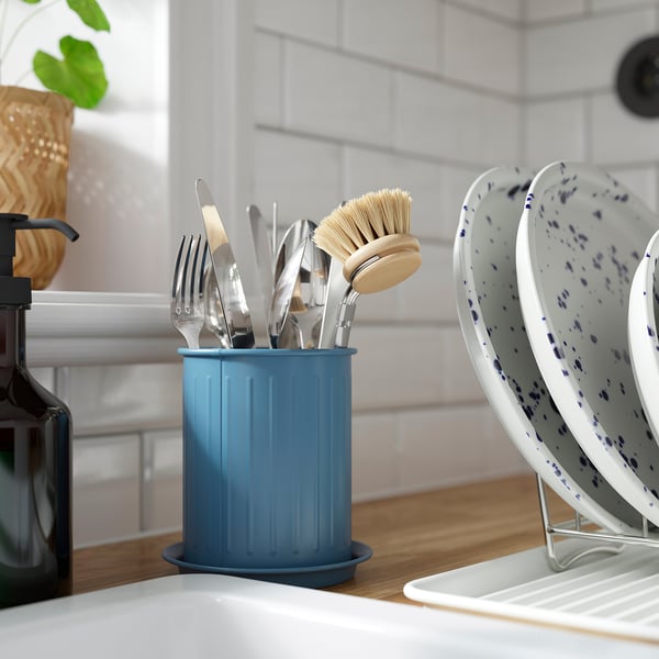 VÄLVÅRDAD cutlery stand, dark grey-blue/galvanised, 13 cm