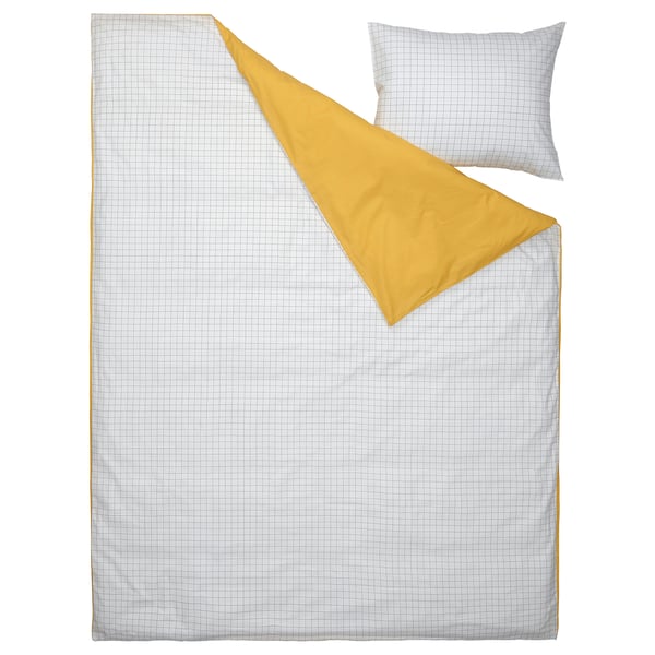 VÄNKRETS duvet cover and pillowcase, check pattern white/yellow, 150x200/50x80 cm