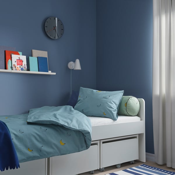 VÄNKRETS duvet cover and pillowcase, banana pattern blue, 150x200/50x80 cm