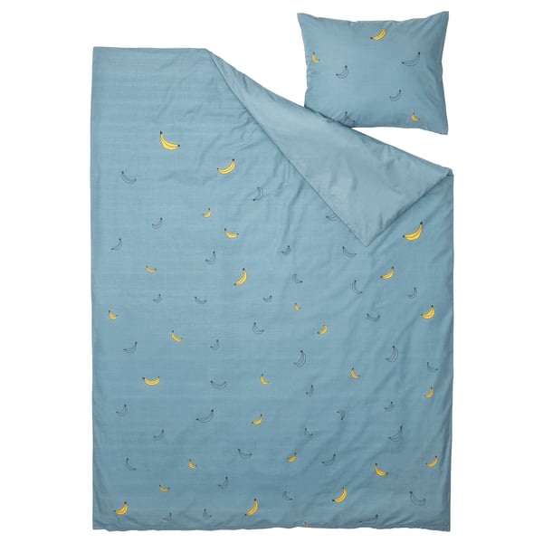 VÄNKRETS duvet cover and pillowcase, banana pattern blue, 150x200/50x80 cm