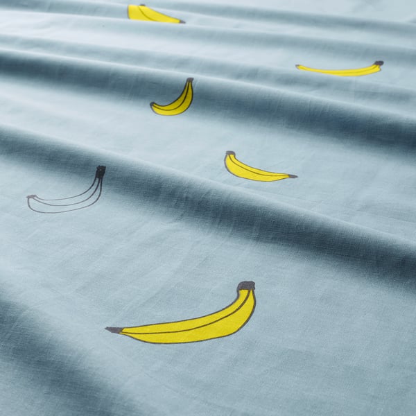 VÄNKRETS duvet cover and pillowcase, banana pattern blue, 150x200/50x80 cm