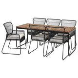 VÄSMAN / TALLSKÄR table+6 chairs w armrests, outdoor, extendable light brown stained/anthracite Kuddarna light grey-beige, 135x190/74 cm