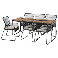 VÄSMAN / TALLSKÄR table+6 chairs w armrests, outdoor, extendable light brown stained/anthracite Kuddarna light grey-beige, 135x190/74 cm