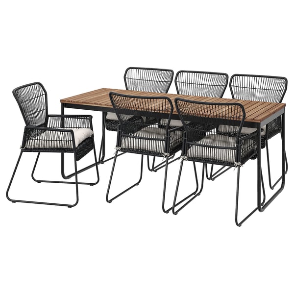 VÄSMAN / TALLSKÄR table+6 chairs w armrests, outdoor, extendable light brown stained/anthracite Kuddarna light grey-beige, 135x190/74 cm