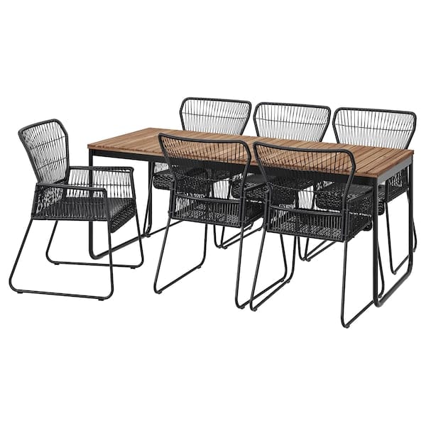VÄSMAN / TALLSKÄR - VÄSMAN / TALLSKÄR Table+6 chairs w armrests, outdoor, extendable light brown stained/anthracite, 135x190/74 cm