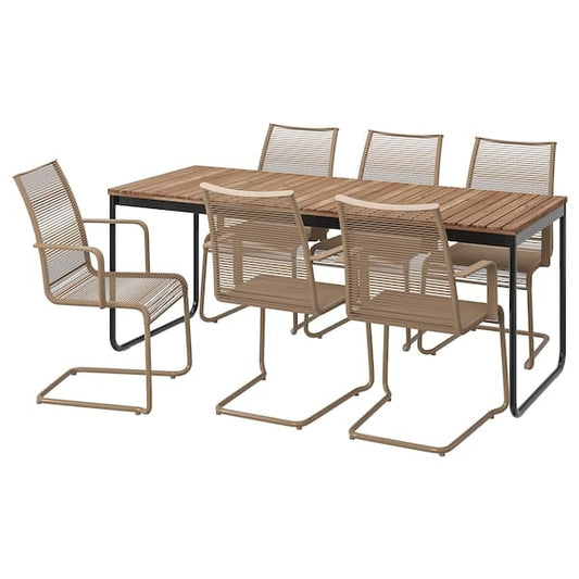 Ikea VÄSMAN / VÄSMAN - Table+6 chairs arms, garden, extendable mordant light brown/brown,135x190/74 cm