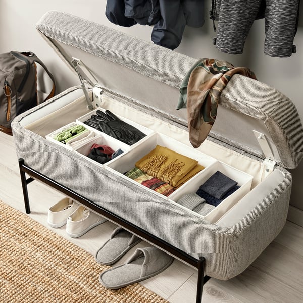 VALTORP bench, with storage/Viarp beige/brown, 103 cm