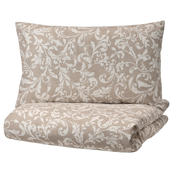 VÅRBRÄCKA - Duvet cover and 2 pillowcases, beige/white, 200x200/50x80 cm