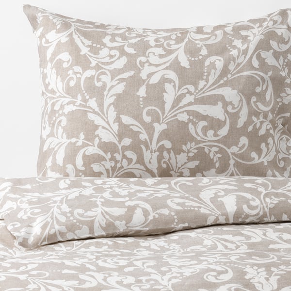 VÅRBRÄCKA duvet cover and pillowcase, beige/white, 150x200/50x80 cm