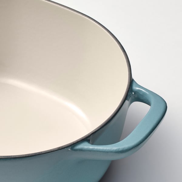 VARDAGEN casserole dish with lid, enameled cast iron light beige/dark gray blue, 5 l