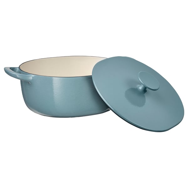 VARDAGEN casserole dish with lid, enameled cast iron light beige/dark gray blue, 5 l