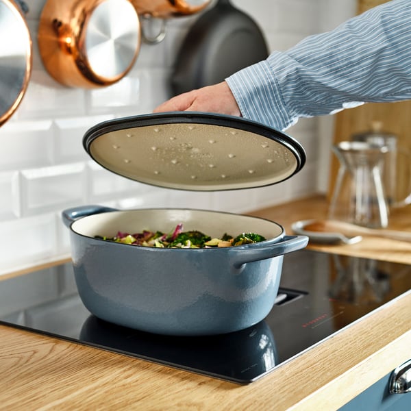 VARDAGEN casserole dish with lid, enameled cast iron light beige/dark gray blue, 5 l