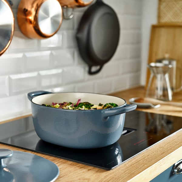 VARDAGEN casserole dish with lid, enameled cast iron light beige/dark gray blue, 5 l