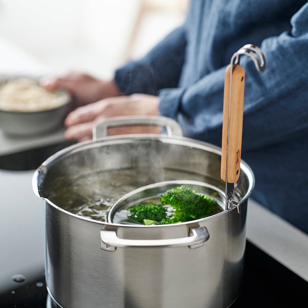 VARDAGEN noodle strainer, stainless steel/beech, 30 cm