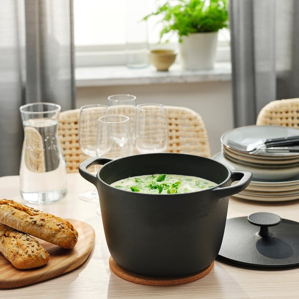 VARDAGEN pot with lid, enamelled cast iron matt/black, 5 l