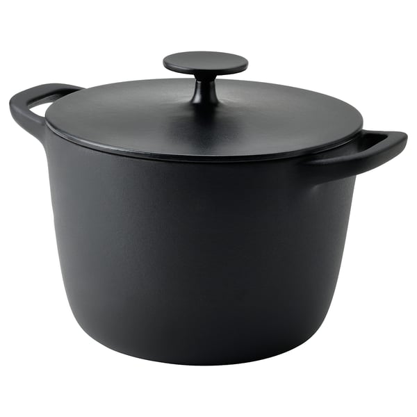 VARDAGEN pot with lid, enamelled cast iron matt/black, 5 l