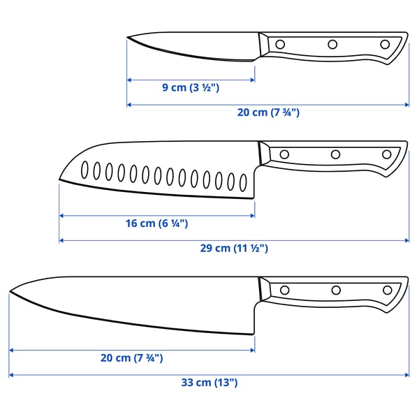 VARDAGEN 3-piece knife set, stainless steel/walnut